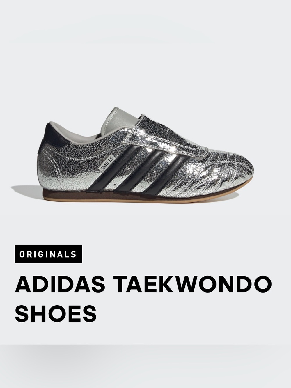 Adidas Silver Metallic Taekwondo Sneakers with Black Stripes Sz 10